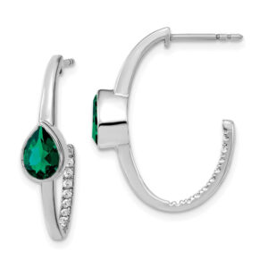 14k White Gold Pear Created Emerald and Real Diamond J-Hoop Earrings