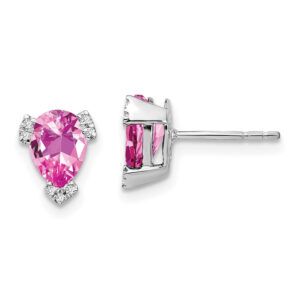 14k White Gold Pear Created Pink Sapphire and Real Diamond Earrings