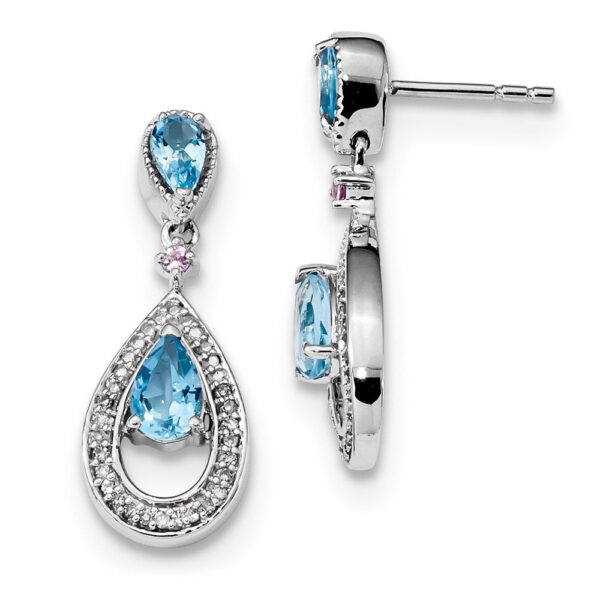 14k White Gold Real Diamond, Blue Topaz & Pink Sapphire Post Dangle Earrings