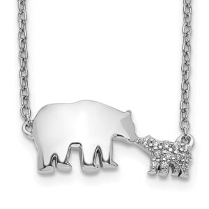 14k White Gold Real Diamond Mother & Baby Bear Necklace