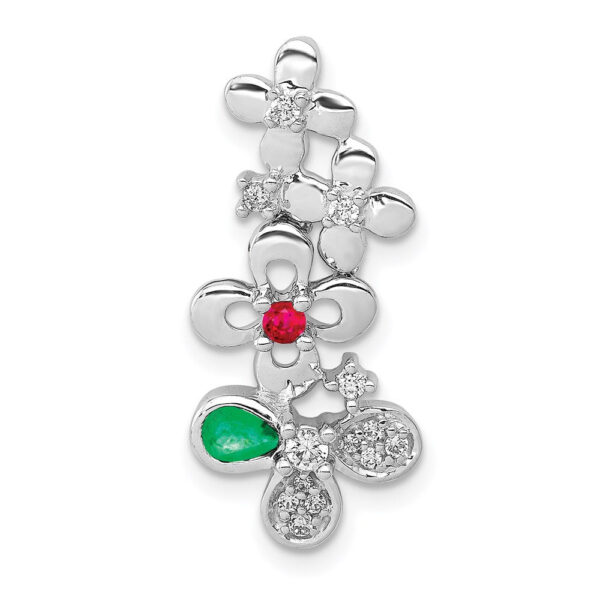 14k White Gold Real Diamond, Ruby and Emerald Flower Chain Slide