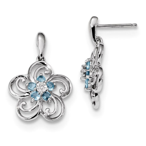 14k White Gold Real Diamond & Blue Topaz Flower Dangle Post Earrings