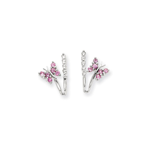 14k White Gold Real Diamond & Pink Sapphire Butterfly Earrings