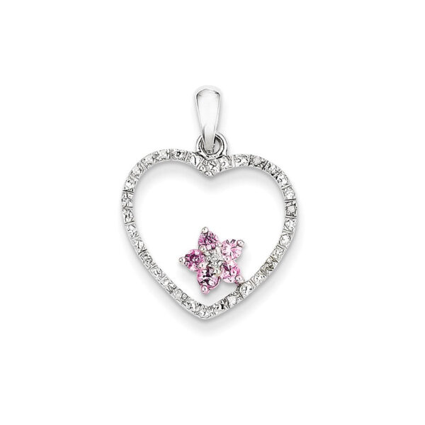 14k White Gold Real Diamond & Pink Sapphire Heart Pendant