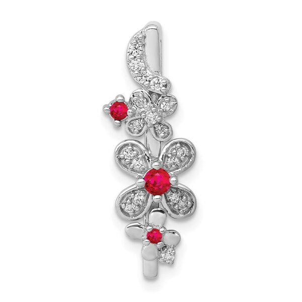 14k White Gold Real Diamond and .13 Ruby Flowers Chain Slide