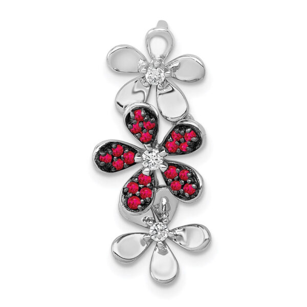 14k White Gold Real Diamond and .14 Ruby Three Flowers Chain Slide
