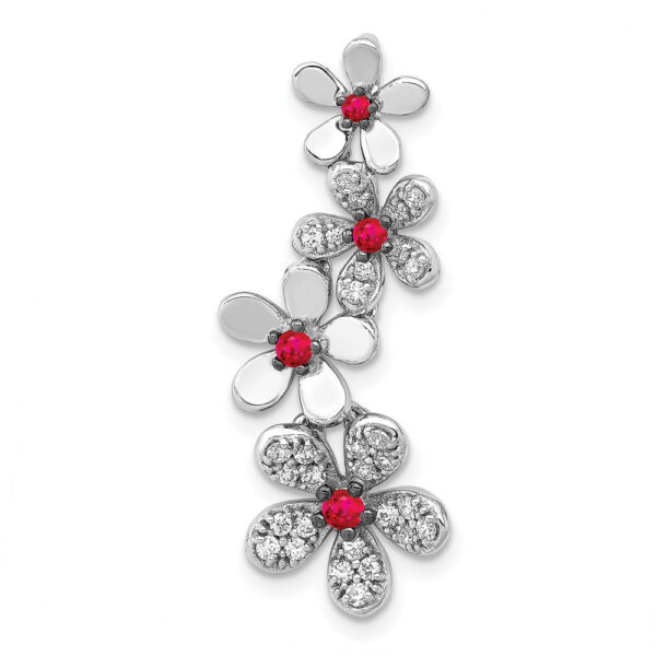14k White Gold Real Diamond and .19 Ruby Four Flowers Chain Slide