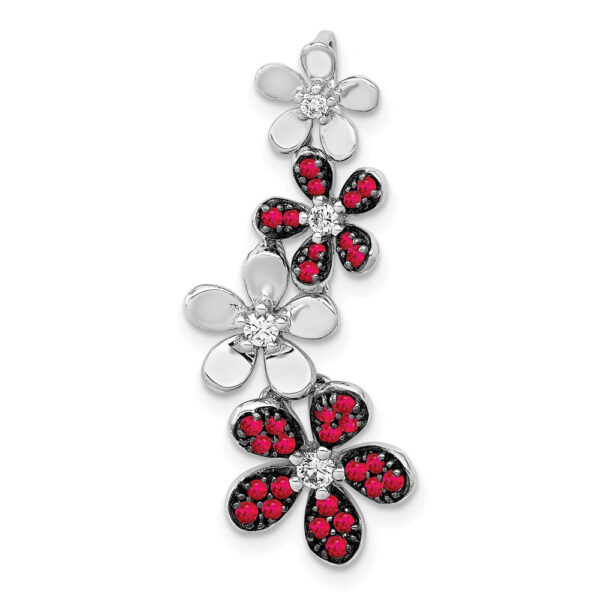 14k White Gold Real Diamond and .29 Ruby Four Flowers Chain Slide