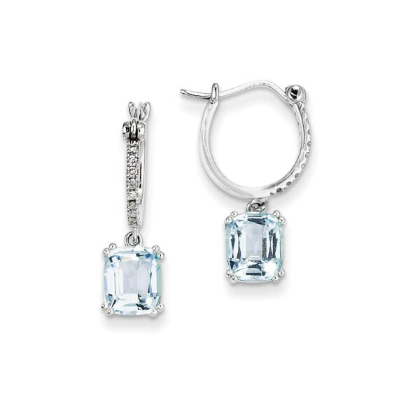 14k White Gold Real Diamond and Blue Topaz Dangle Hoop Earrings