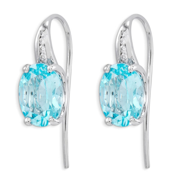 14k White Gold Real Diamond and Blue Topaz Oval Dangle Earrings