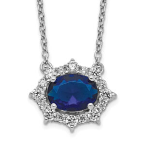 14k White Gold Real Diamond and Oval Sapphire 18 inch Necklace