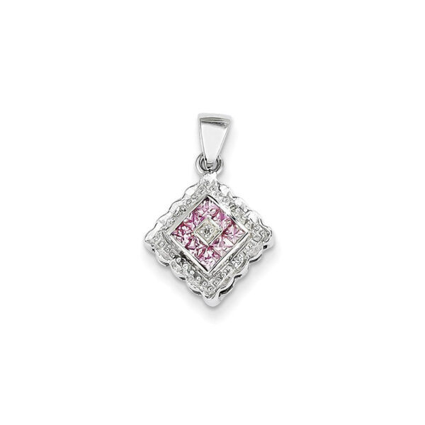 14k White Gold Real Diamond and Pink Sapphire Pendant