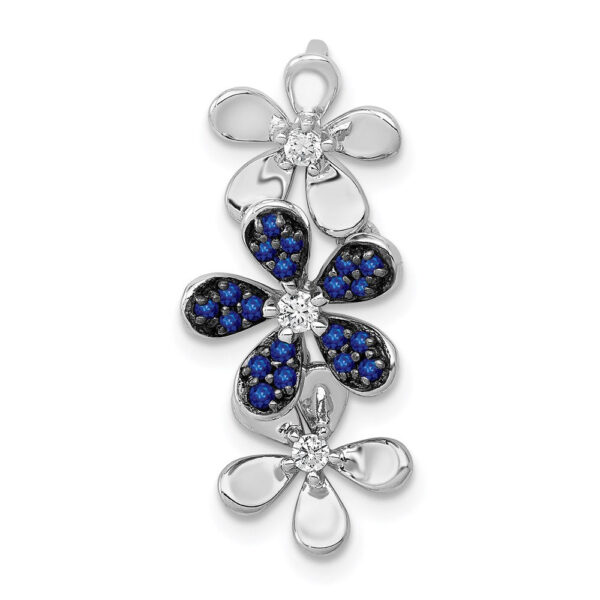 14k White Gold Real Diamond and Sapphire 3 Flowers Pendant