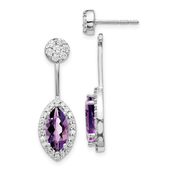 14k White Gold Real Diamond/Marquise Amethyst Front/Back Earrings