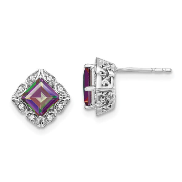 14k White Gold Square Mystic Fire Topaz and Real Diamond Earrings
