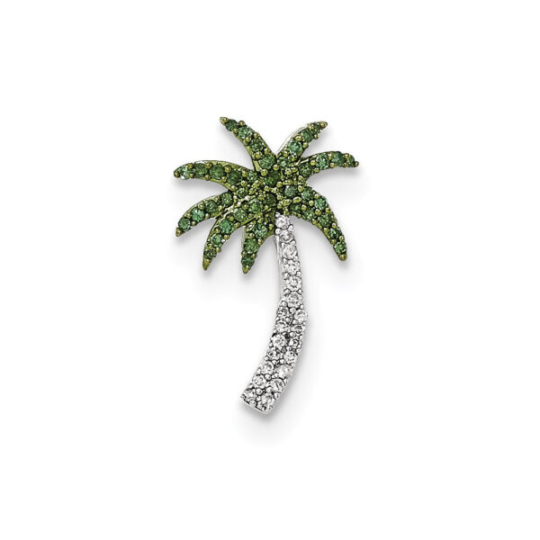 14k White Gold with White and Green Real Diamond Palm Tree Chain Slide Pendant