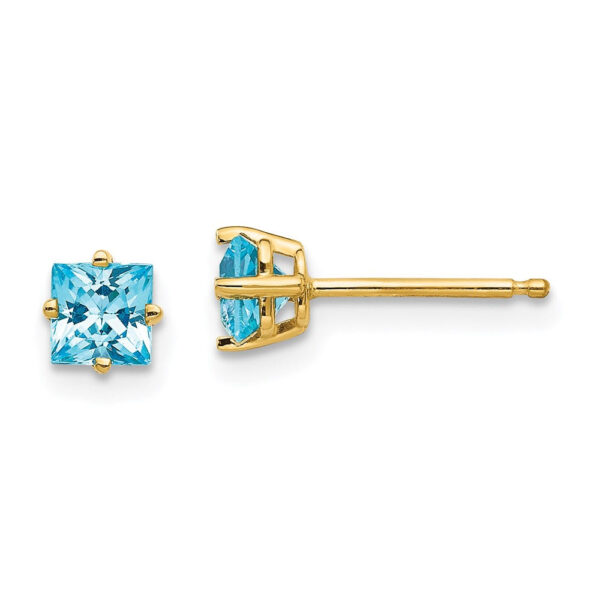 14k Yellow Gold 4mm Princess Cut Blue Topaz Earrings