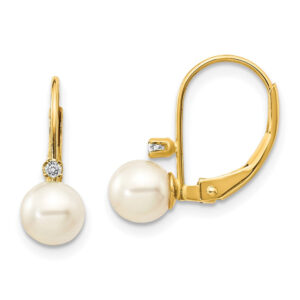 14k Yellow Gold 5-6mm White Round FW Cultured Pearl AA Real Diamond Leverback Earrings