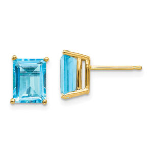 14k Yellow Gold 8x6mm Emerald Cut Blue Topaz Earrings