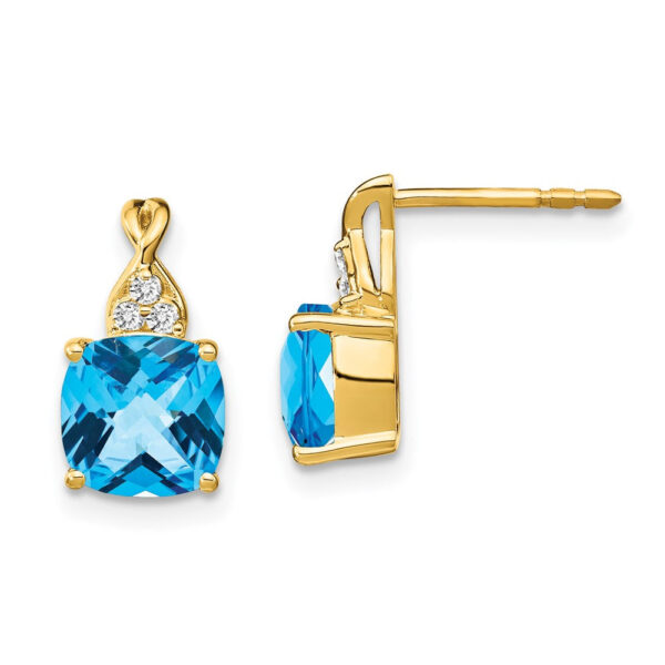 14k Yellow Gold Checkerboard Blue Topaz and Real Diamond Earrings