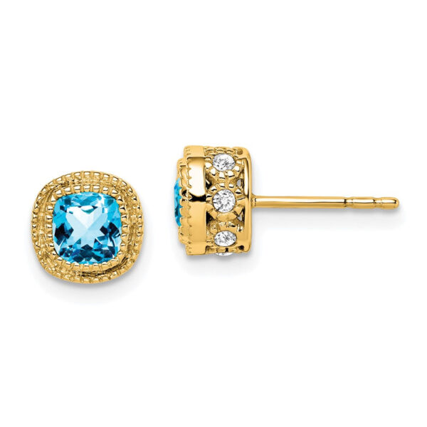 14k Yellow Gold Cushion Blue Topaz and Real Diamond Earrings
