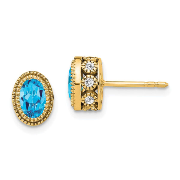 14k Yellow Gold Oval Blue Topaz and Real Diamond Earrings