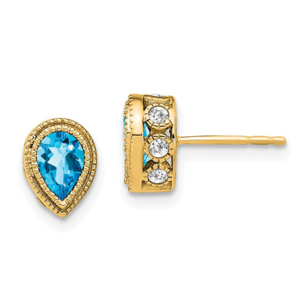 14k Yellow Gold Pear Blue Topaz and Real Diamond Earrings