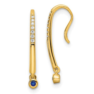 14k Yellow Gold Polished Real Diamond and Sapphire Drop Wire Earrings