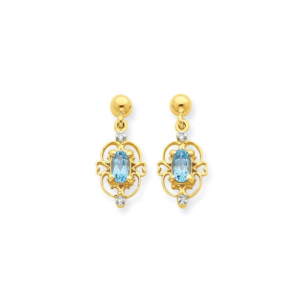 14k Yellow Gold & Rhodium Marquise Blue Topaz Real Diamond Dangle Post Earrings