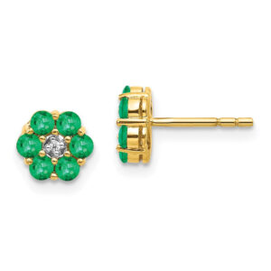14k Yellow Gold and Rhodium Emerald and Real Diamond Post Earrings
