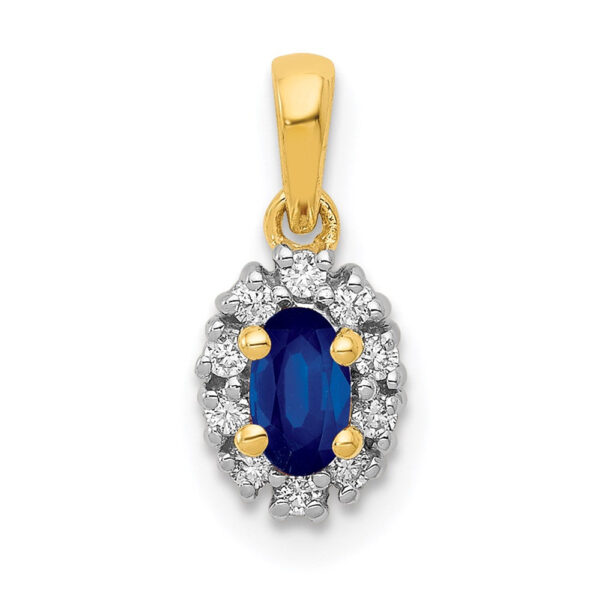 14k Yellow Gold and Rhodium Real Diamond and .32 Sapphire Oval Halo Pendant