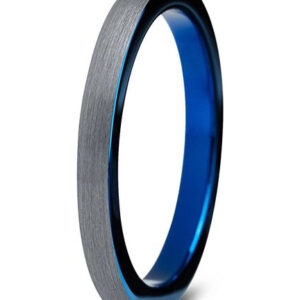 2mm - Unisex or Women's Tungsten Wedding Bands. Gray and Inner Blue Comfort Fit Blue Round Domed Brushed Ring