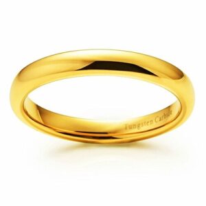 3mm - Unisex or Women's Tungsten Wedding Band. 18K Yellow Gold Plated Comfort Fit Domed Polished Ring