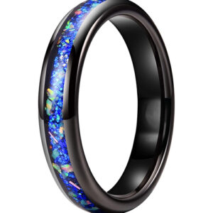 4mm - Unisex or Women's Ceramic Wedding Bands. Black Band with Bright Blue Opal and Colorful Organic Inlay Design