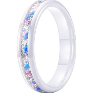 4mm - Unisex or Women's Ceramic Wedding Bands. White Band with White Sand and Bright Blue and Pink Fragments Organic Inlay Design