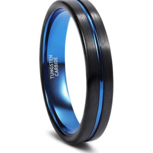 4mm - Unisex or Women's Tungsten Wedding Band. Black Matte Finish Tungsten Carbide Ring with Blue Beveled Edge Wedding Ring