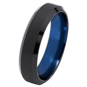 4mm - Unisex or Women's Tungsten Wedding Band. Blue Polished Inside and Black Matte Finish Tungsten Carbide Ring with Beveled Edge