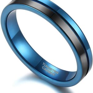 4mm - Unisex or Women's Tungsten Wedding Band. Blue and Black Split Line Tungsten Carbide Ring