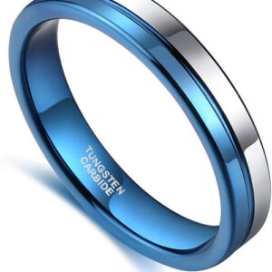 4mm - Unisex or Women's Tungsten Wedding Band. Blue and Silver Split Line Tungsten Carbide Ring