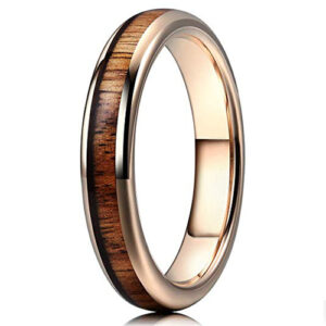 4mm - Unisex or Women's Tungsten Wedding Bands. Wood Inlay and Rose Gold Tone. Tungsten Ring with High Polish Dark Wood Inlay. Beveled Edges