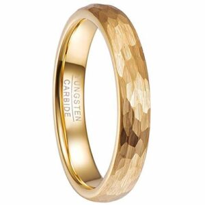4mm - Unisex or Women's Tungsten Wedding Bands. Yellow Gold Hammered Domed Top Comfort Fit Wedding Ring.