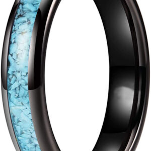 4mm - Women's Black and Blue Turquoise Granules Inlay Tungsten Wedding Band Ring. Domed Tungsten Carbide Ring Comfort Fit.