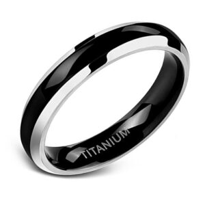 4mm - Women's Titanium Wedding Bands. Black Ring with Two Tone Silver Side Stripes. High Polish Finish. Comfort Fit Light Weight