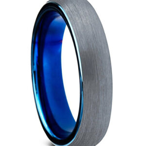 4mm - Women's Tungsten Wedding Band. Comfort Fit Gray and Blue Round Domed Brushed Ring