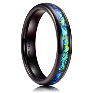 4mm - Women's Tungsten Wedding Bands. Black Band with Bright Green and Blue Inlay Design