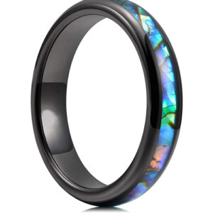 4mm - Women's Tungsten Wedding Bands. Domed Black Band and Multi Color Rainbow Abalone Shell Inlay Tungsten Carbide Ring (Organic colors)