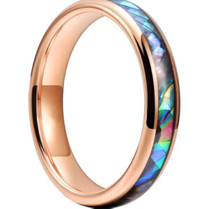 4mm - Women's Tungsten Wedding Bands. Domed Rose Gold Band and Multi Color Rainbow Abalone Shell Inlay Tungsten Carbide Ring (Organic colors)