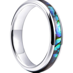 4mm - Women's Tungsten Wedding Bands. Domed Silver Band and Multi Color Rainbow Abalone Shell Inlay Tungsten Carbide Ring (Organic colors)