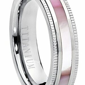 5mm - Unisex or Women's Titanium Wedding Bands. Titanium Women's Pink Hues Mother of Pearl Inlaid Band Ring. Light Weight and Comfort Fit.