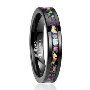 5mm - Unisex or Women's Tungsten Wedding Bands. Black Multi Color Rainbow Opal Inlay Ring (Organic colors)